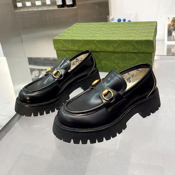 

designer casual shoes platform leather shoes women's shoes double g horse buckle decorative embroidery gold thread fashion slim-fit non, Black