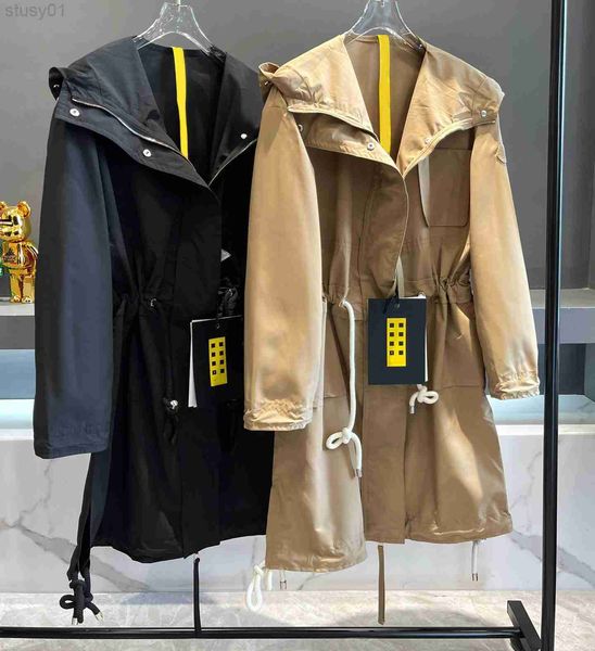 

designer women's trench jackets coats hooded jacket with lace-up waist, Tan;black