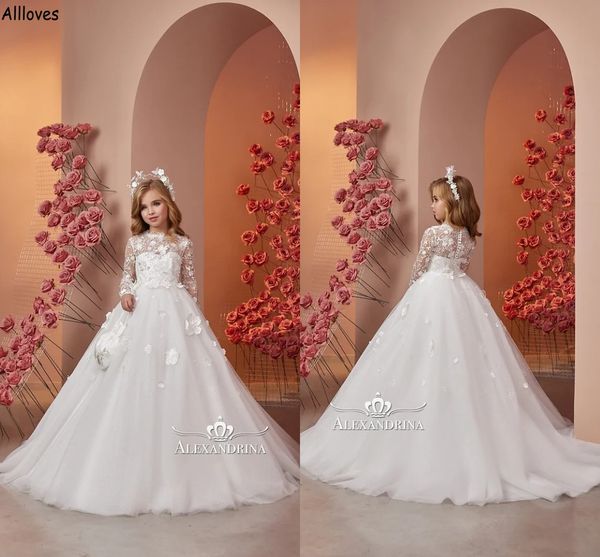 

adorable 3d handmade flowers princess ball gown kids birthday first communion dresses long sleeves lace tulle a line flower girl wedding lon, White;blue
