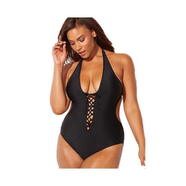 

womens large size fat woman swimsuit solid color rope lace up halterneck plus sized one piece, White;black