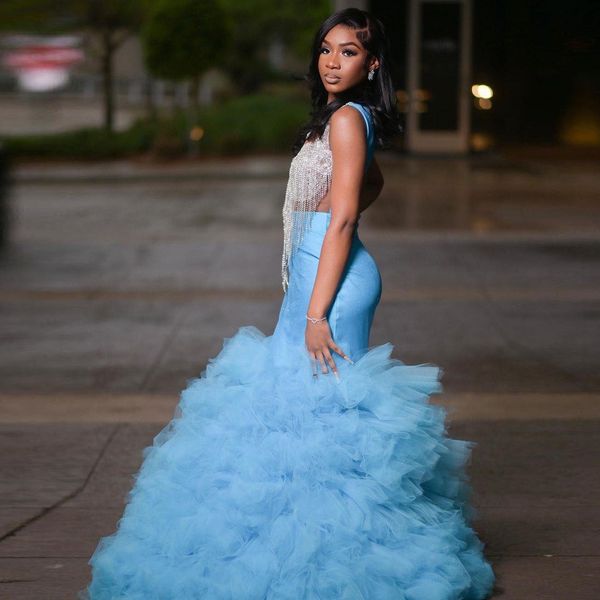

sky blue mermaid prom dresses for black girls beading ruffles graduation party gown vestidos de fiesta elegantes para mujer 2023
