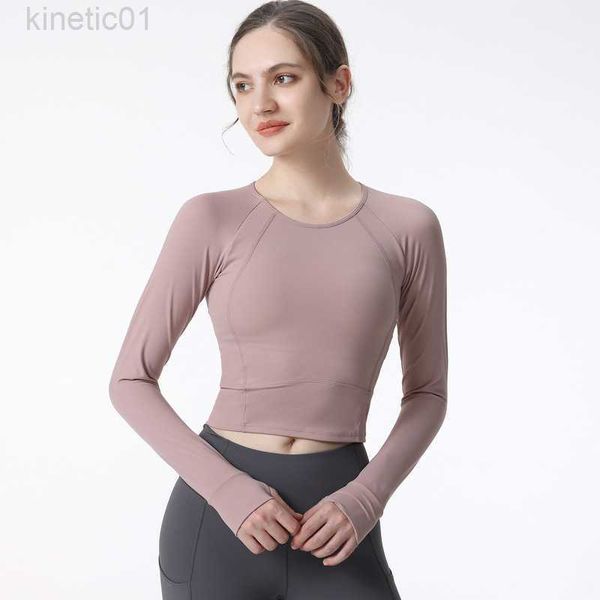 

designer lululemens women t shirt original yoga suit long sleeved with chest pad running training quick dried clothes exposed umbilical tigh, White