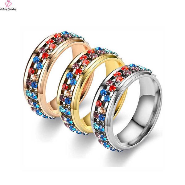 

lefeng wholesale new arrival fashion jewelry women spinner colorful diamond chain zircon rotation stainless steel ring, Silver