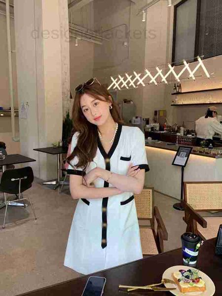 

basic & casual dresses designer high end spring/summer elegant gentle style contrast color trim design v-neck dress wnvo, Black;gray