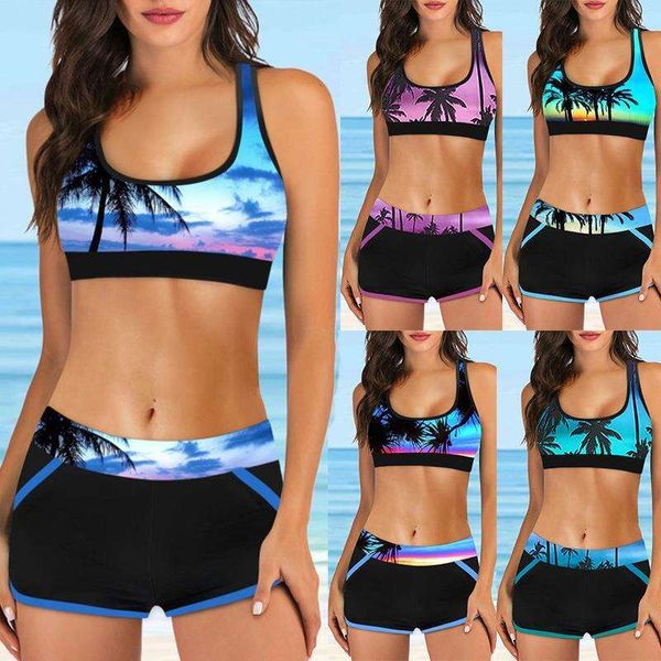 

split swimsuit for women vest bra conservative boxer printed multi color, White;black