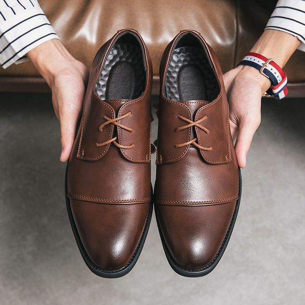 

derby shoes men pu round head daily lace up solid color comfortable business dress shoes large size 38-48, Black