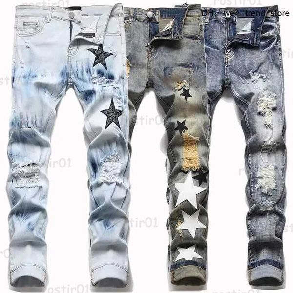 

2023 new designer am jeans rips skinny for men ripped mens pants holes denim man straight leg slim fit zipper fashion 4znz, Blue