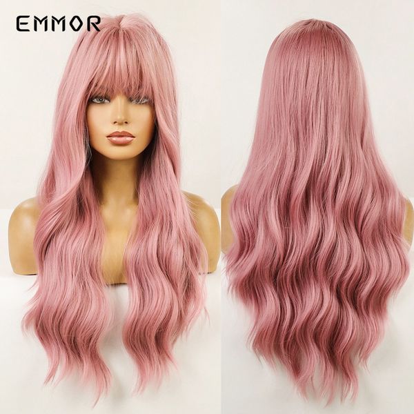 

long body natural pink wig for women synthetic wavy wigs with bangs fashion heat resistant fiber cosplay party hair wigfactory, Black