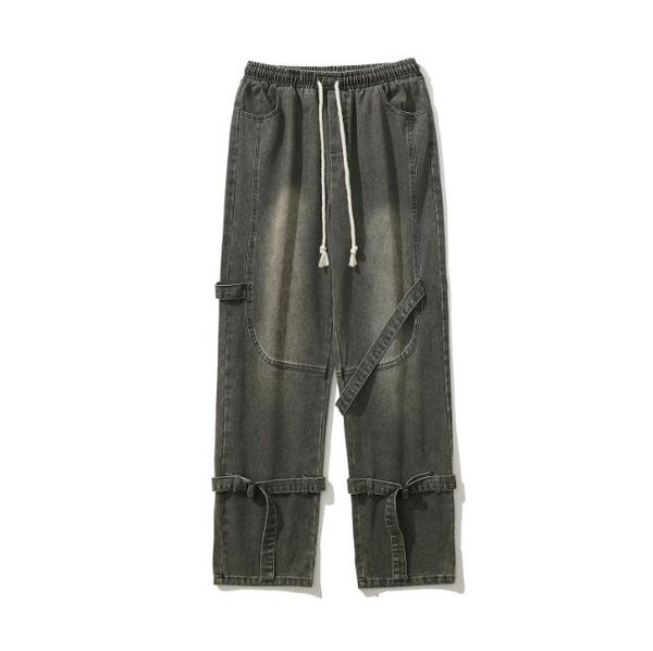 

streetwear denim pants hip hop washed vintage straight jeans elastic waistband slim jeans pants, Black;brown