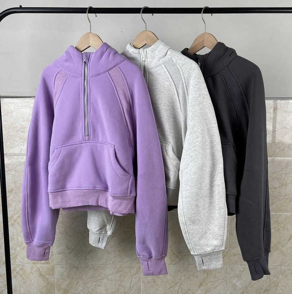 

designer new embroidered short suit half zip sweater plush thickened pullover loose hooded sports coat for women lululemens women, Black;brown