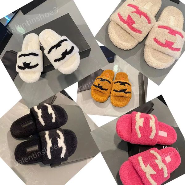 

designer women bedroom home wool slides slippers classic luxury fur fluffy furry warm letters sandals autumn winter slides cotton flat, Black
