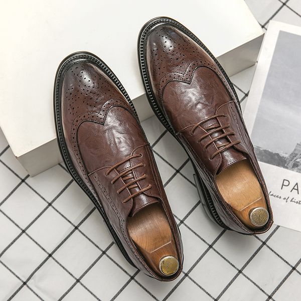 

derby shoes men solid color pu embossed leather shoes lace-up non-slip business dress shoes block men shoes, Black
