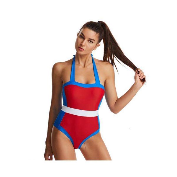 

color matching swimsuit for women halter lace up tight one piece briefs slimming sheath conservative swimwear, White;black