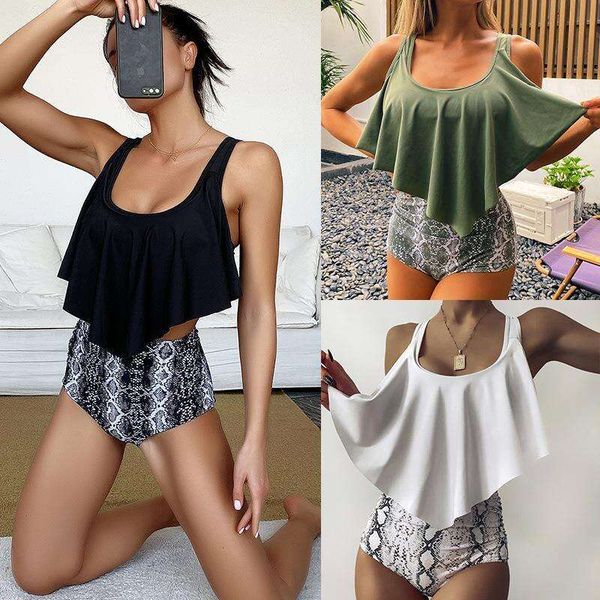 

way flounced serpentine high waist bikini swimwear women, White;black