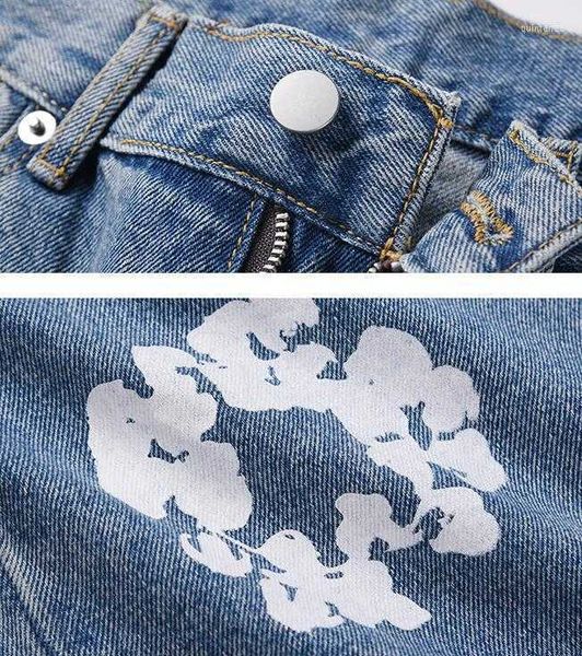 

men's jeans denim tears baggy design on cotton wreath jean light wash men hip hop pant fashion flower printed, Blue