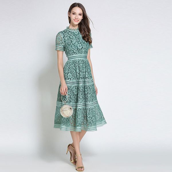 

summer women elegant slim hollow out a-line lace midi dress vestidos green white, Black;gray