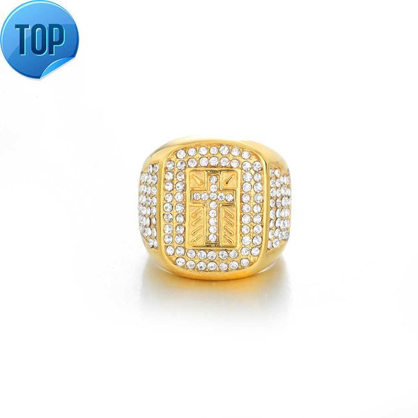

yiwu daicy 18k gold plated hip hop stainless steel cross diamond ring men's fashion personalized jewelry, Silver