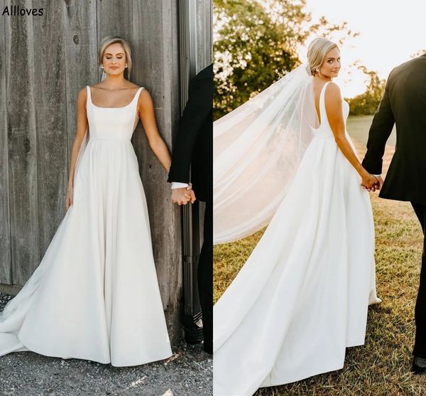 

simple white satin a line wedding dresses with straps square neck sleeveless boho rustic country bridal gowns plus size low backless recepti