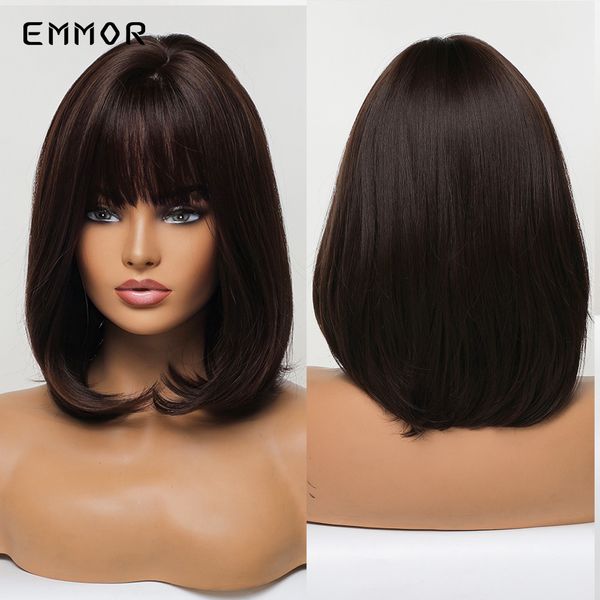 

synthetic wigs dark brown hair wig with bangs for women short straight bob wigs heat resistant fiber cosplay daily wigingfactor, Black