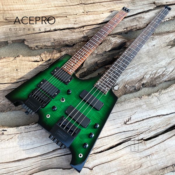 

double neck headless electric guitar green burst flamed maple tremolo 6 string guitar + 4 string bass combo black hardware