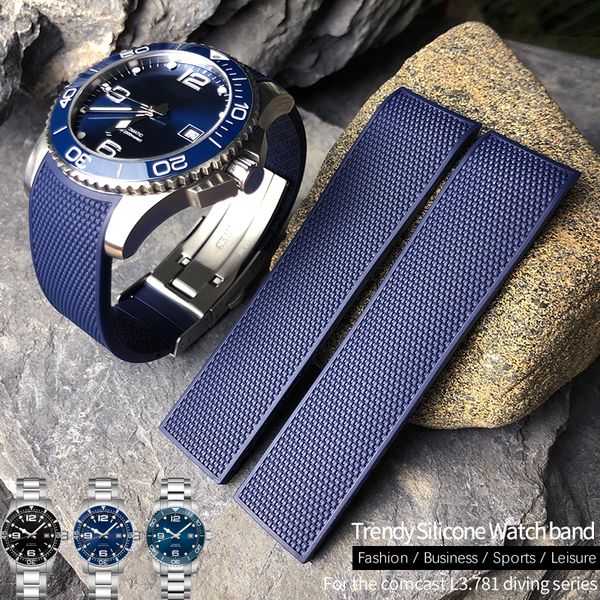

21mm 20mm 19mm silicone rubber watchband for hydroconquest l3 l3.781 742 conquest sports black blue diving waterproof watch strap, Black;brown
