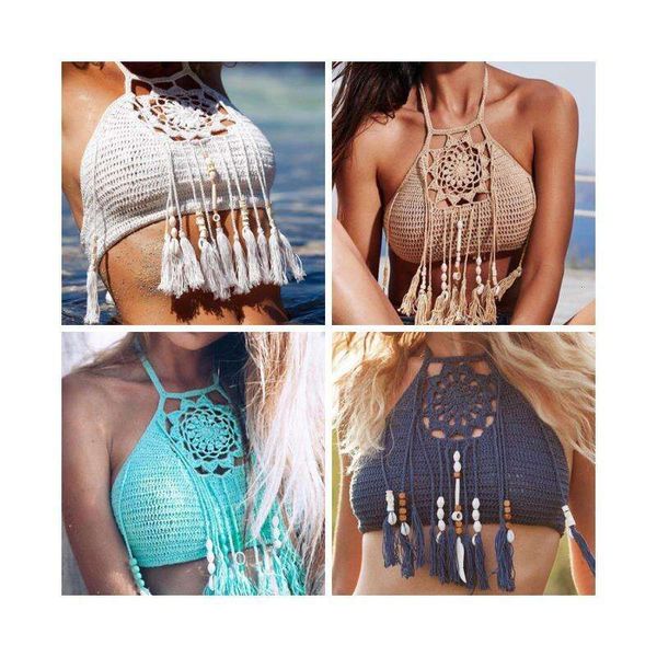 

bikini handmade tassel bohemian swimsuit women beach swimming top, White;black