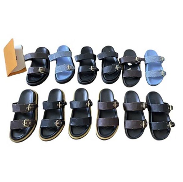 

designer leather slippers womens sandals bom dia flat cool effortlessly stylish slides 2 straps with adjusted gold buckles women summer slip, Black