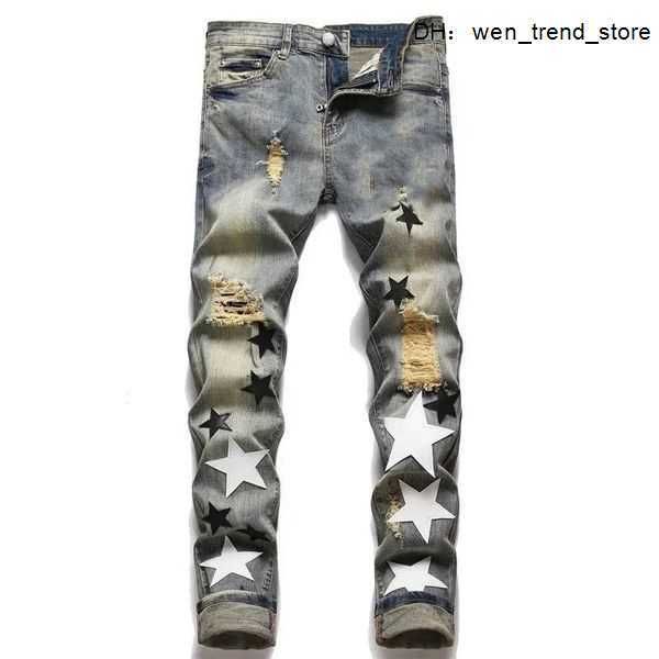 

2023 new designer jeans rips skinny for men ripped mens pants holes denim man straight leg slim fit zipper fashion tyjw, Blue