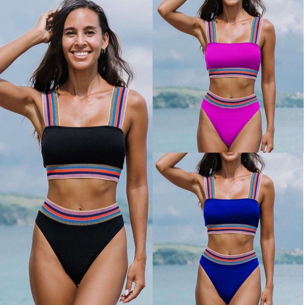 

swimsuit split pure color bikini two piece set high waist sleeveless with chest pad, White;black