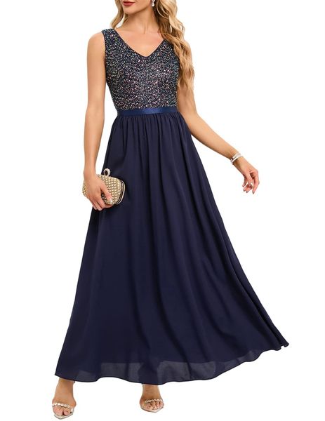 

long sweety formal evening dresses sequined deep v-neck a-line chiffon plus size prom party gowns 14, Black;red