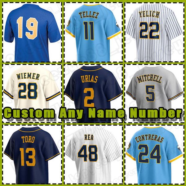 

22 christian yelich baseball jersey rowdy tellez garrett mitchell abraham toro javy guerra milwaukee colin rea joey wiemer brewers brice tur, Blue;black