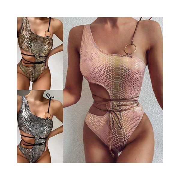 

one piece shoulder snake pattern swimsuit hollow bikini for women, White;black