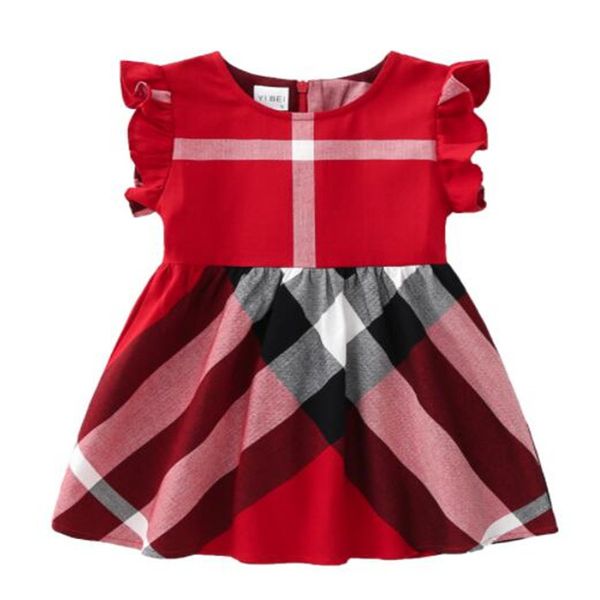 

cute girl dress summer kids clothes toddler baby dresses flying sleeve plaid o-neck a-line skirts children cloting, Red;yellow
