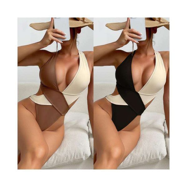 

womens one piece color matching swimsuit low cut sling backless swimming suit direct supply, White;black