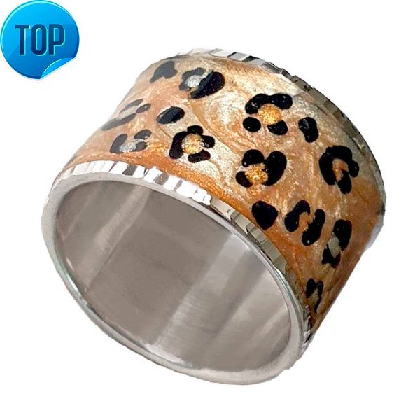 

wide band ring in yellow gold plated 925 silver hand-decorated ring with leopard-print enamel and diamond-cut edge
