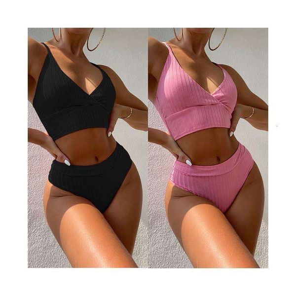 

bikini solid color thick sunken stripe v neck swimsuit women, White;black