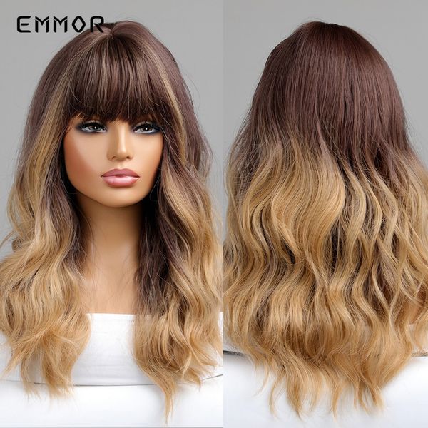 

synthetic ombre black to blonde wig with bangs for women natural long wavy cosplay hairstyle heat resistant hair wigsfactory