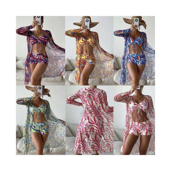 

three piece set swimsuit for women printed multi color long sleeve beach cover up split drawstring, White;black