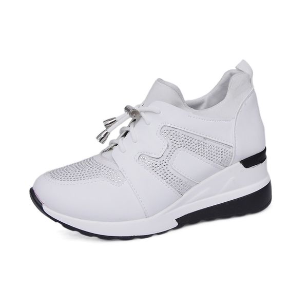 

2022 new womens sports shoes lace up wedge heel vulcanized shoes thick sole rhinestone casual shoes large size 43 womens shoes, Black