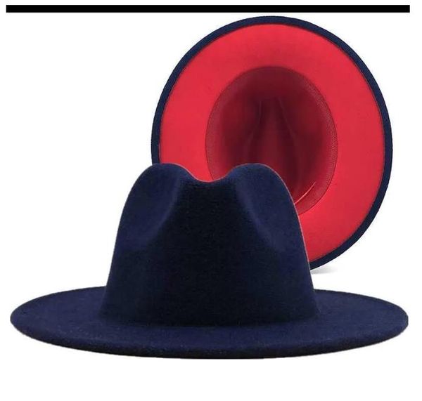 

simple navy with red bottom patchwork panama wool felt jazz fedora hats women men wide brim party cowboy trilby gambler hat, Blue;gray