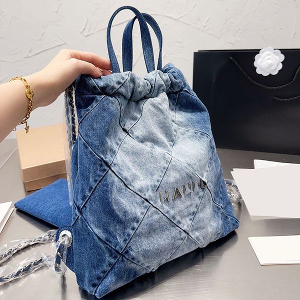 

womens designer gradient denim drawstring backpack bags handle totes large capacity bucket purse silver metal hardware matelasse chain shoul