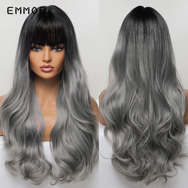 

synthetic ombre black to gray wigs natural wavy hair wig with bangs for women cosplay heat resistant fiber daily wigsfactory d