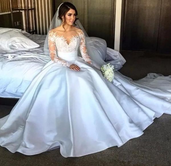 

illusion appliques lace mermaid wedding dresses long sleeve scoop detachable train bride dress custom vestido de noive as-1, White
