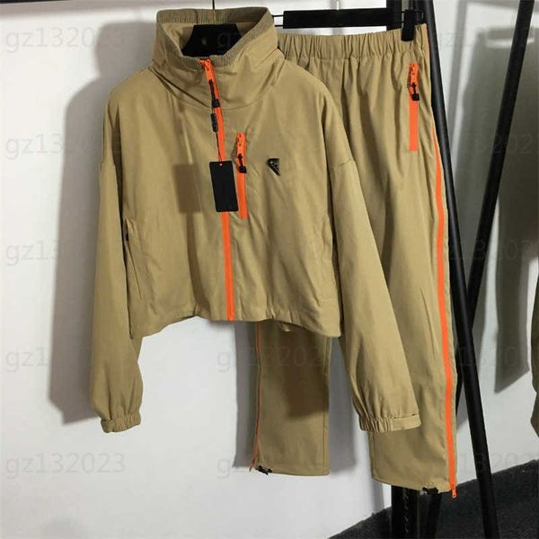 

two piece set women designer clothes logo triangle label stand collar long-sleeved zipper jacket elasticated high-waist legging casual pants, White