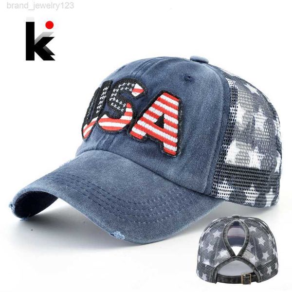 

women's fashion ponytail baseball caps female washed denim usa messy bun adjustable snapback visor hats streetwear hip hop cap, Blue;gray