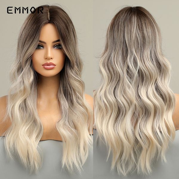 

synthetic womens long wavy ombre dark brown to light blonde wigs natural eat resistant wig for women party fashion wigsfactory, Black