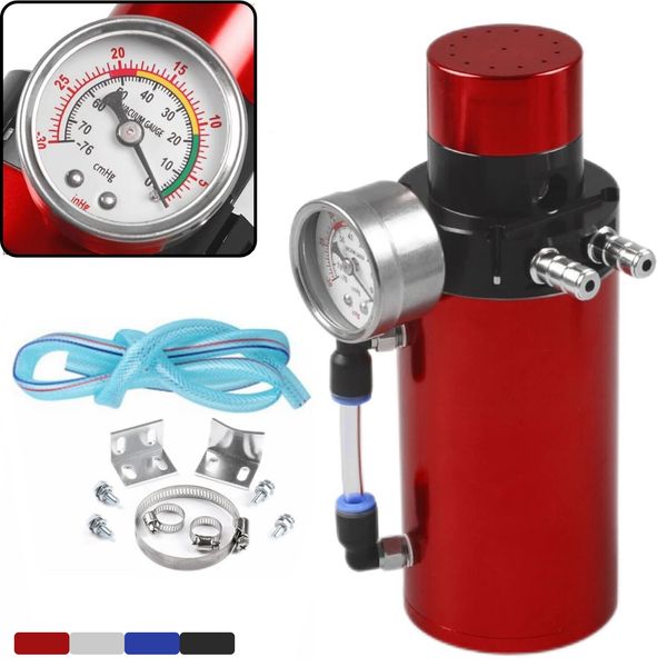 

aluminum engine oil catch tank reservoir breather can + vacuum gauge + hose blue red silver black