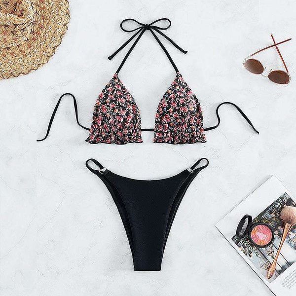 

halter split swimsuit womens bikini floral strap three point, White;black