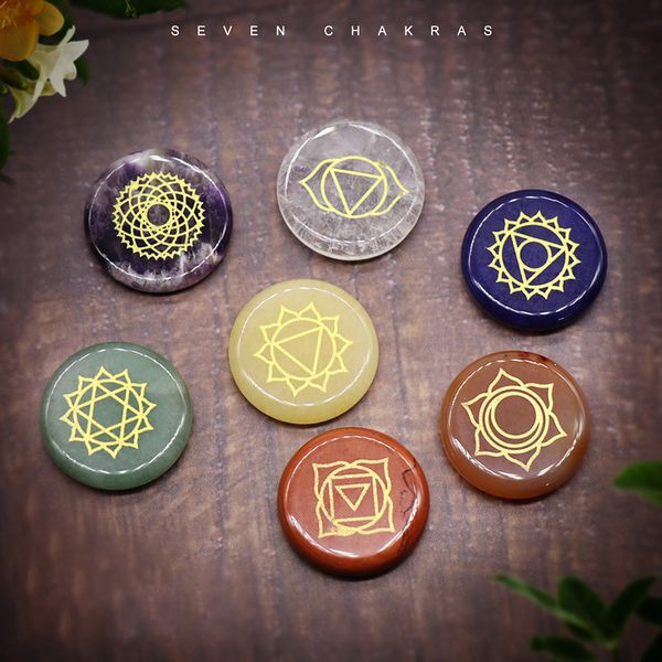 

7pcs chakra stone set reiki healing crystal with engraved chakra symbol holistic balancing polished palm yoga natural stone healing decorati, Black