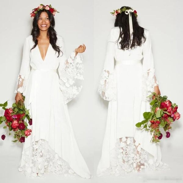 

simple bohemian counrtry wedding dresses long sleeves deep v neck floor length summer boho hippie beach western bridal wedding gown, White